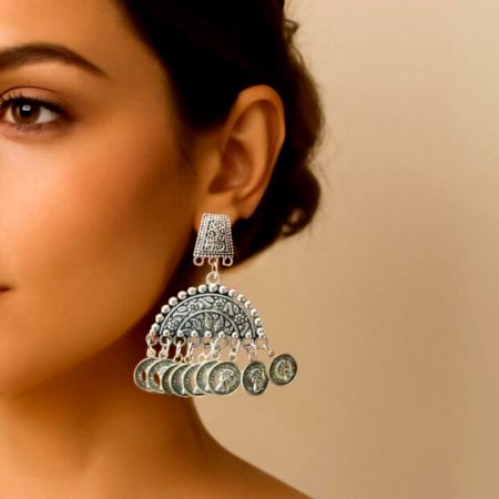 Designer Silver Oxidised Coin Earrings For Women